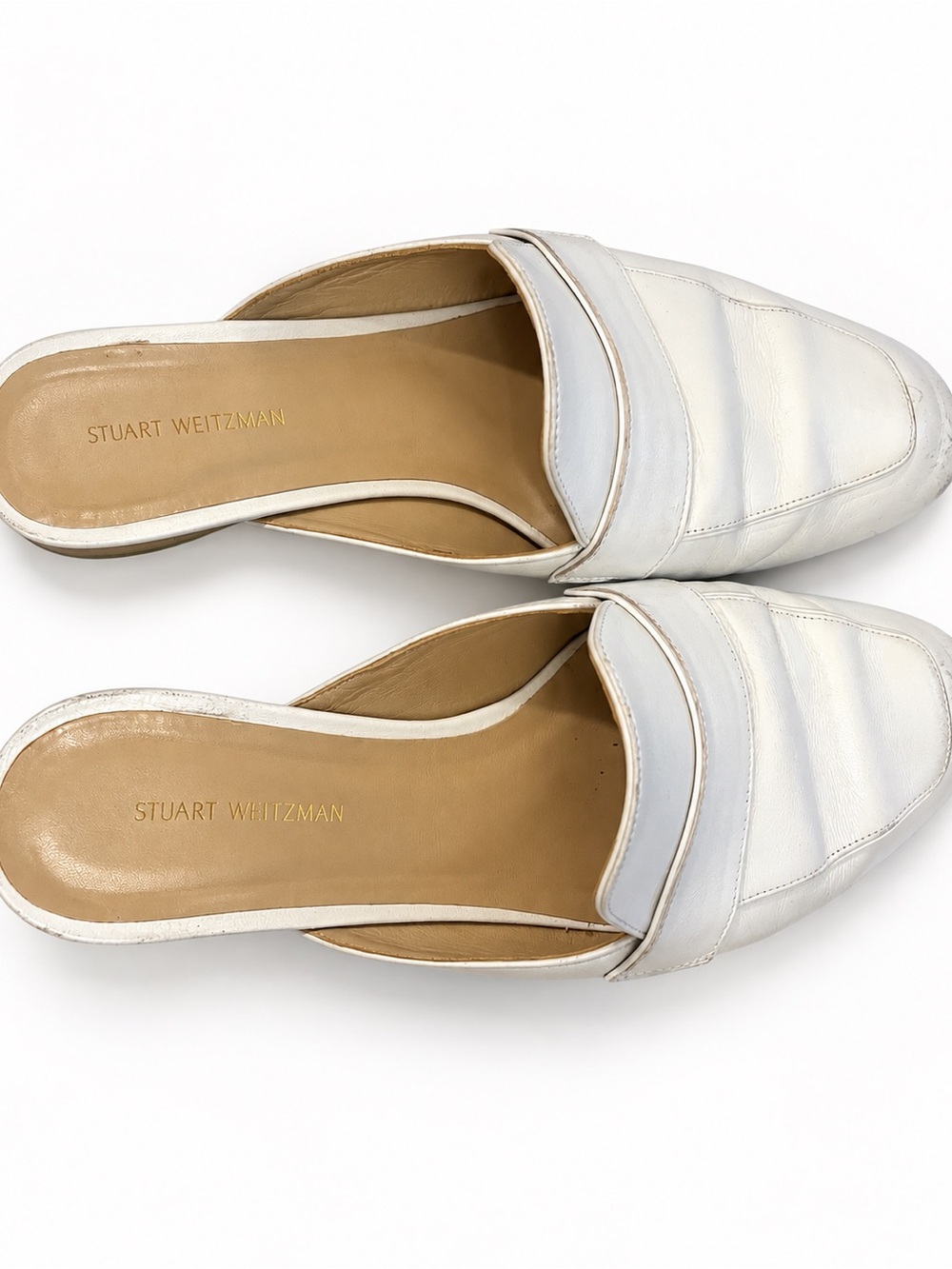 Stuart Weitzman White Leather Penny-Style Slip-On Mules